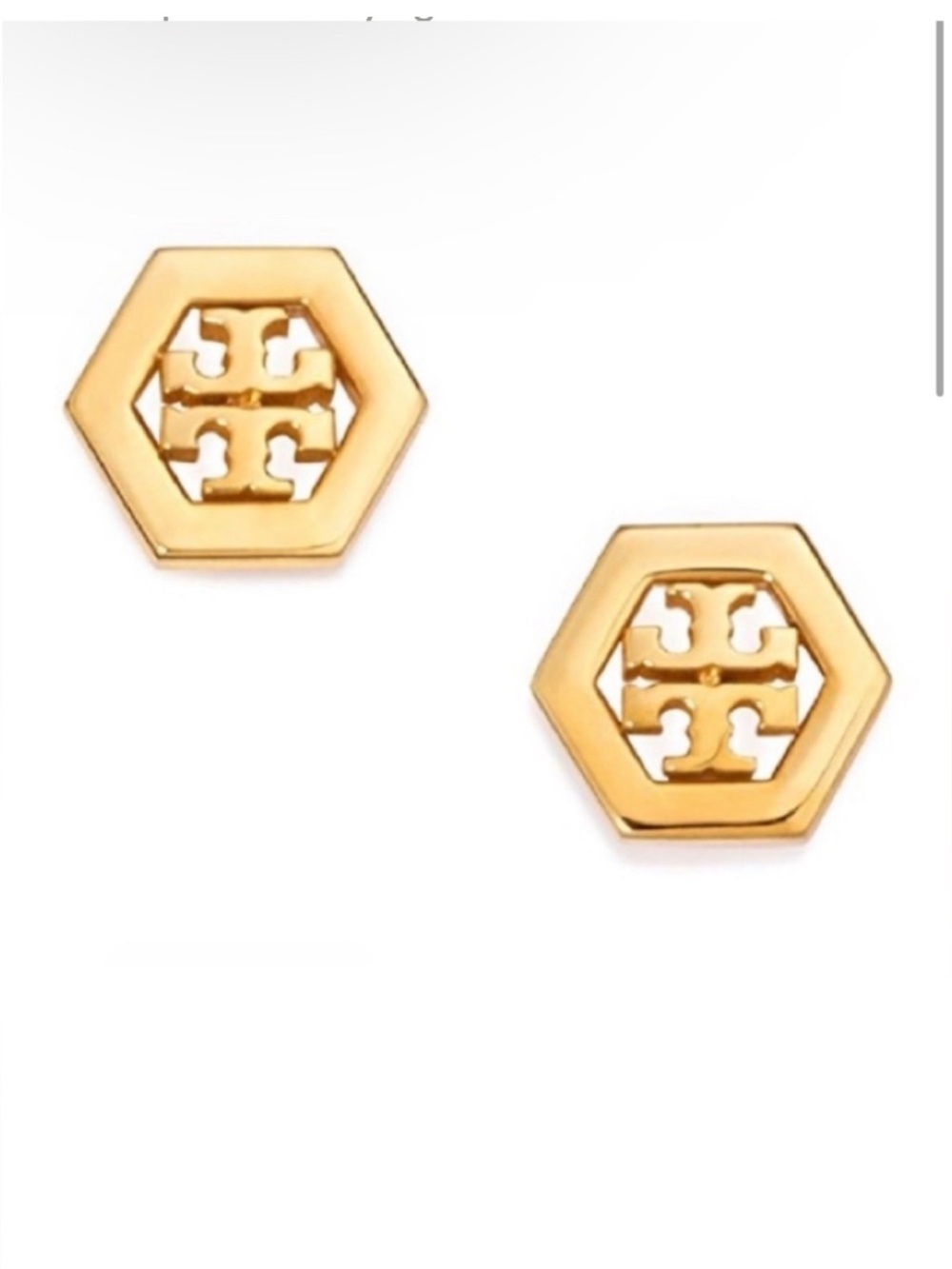 These are Tory Burch Hex Logo Earrings featuring a cut-out Double T logo.
